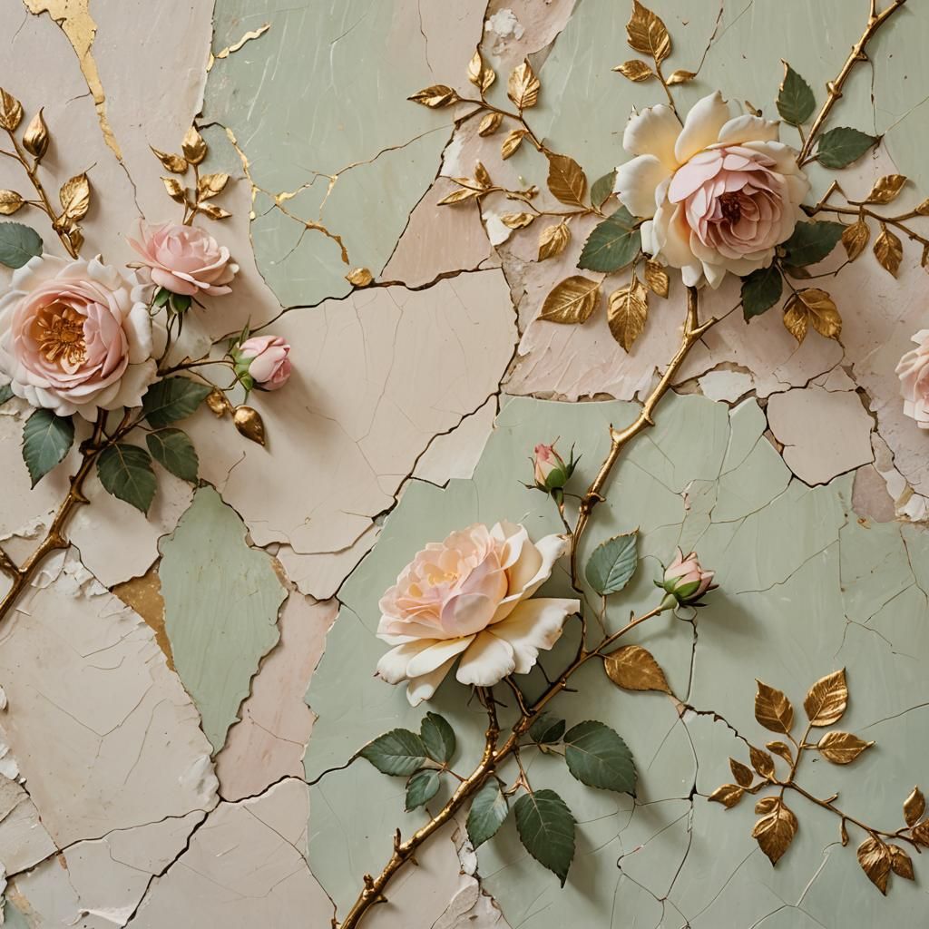 Cream Wall with Gold Kintsugi and Roses in Impasto