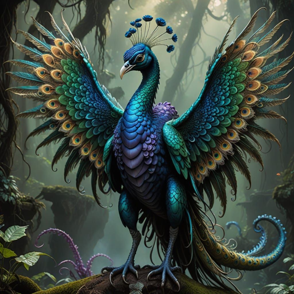 Majestic Iridescent Peacock-Dragon-Octopus Hybrid