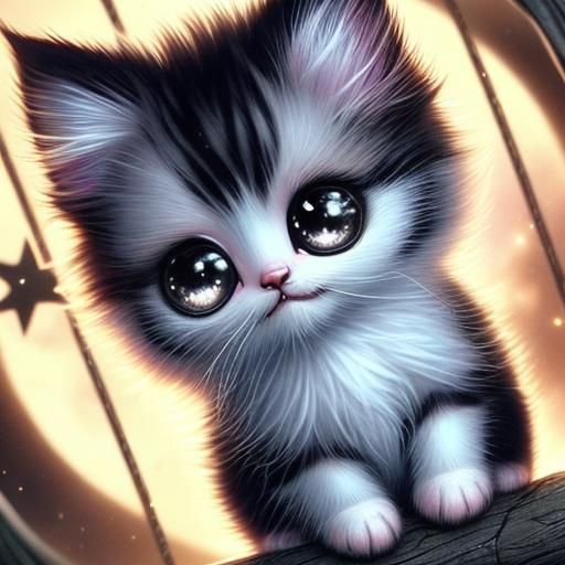 Kawaii Kitten on Pink Cloud with Twinkling Stars