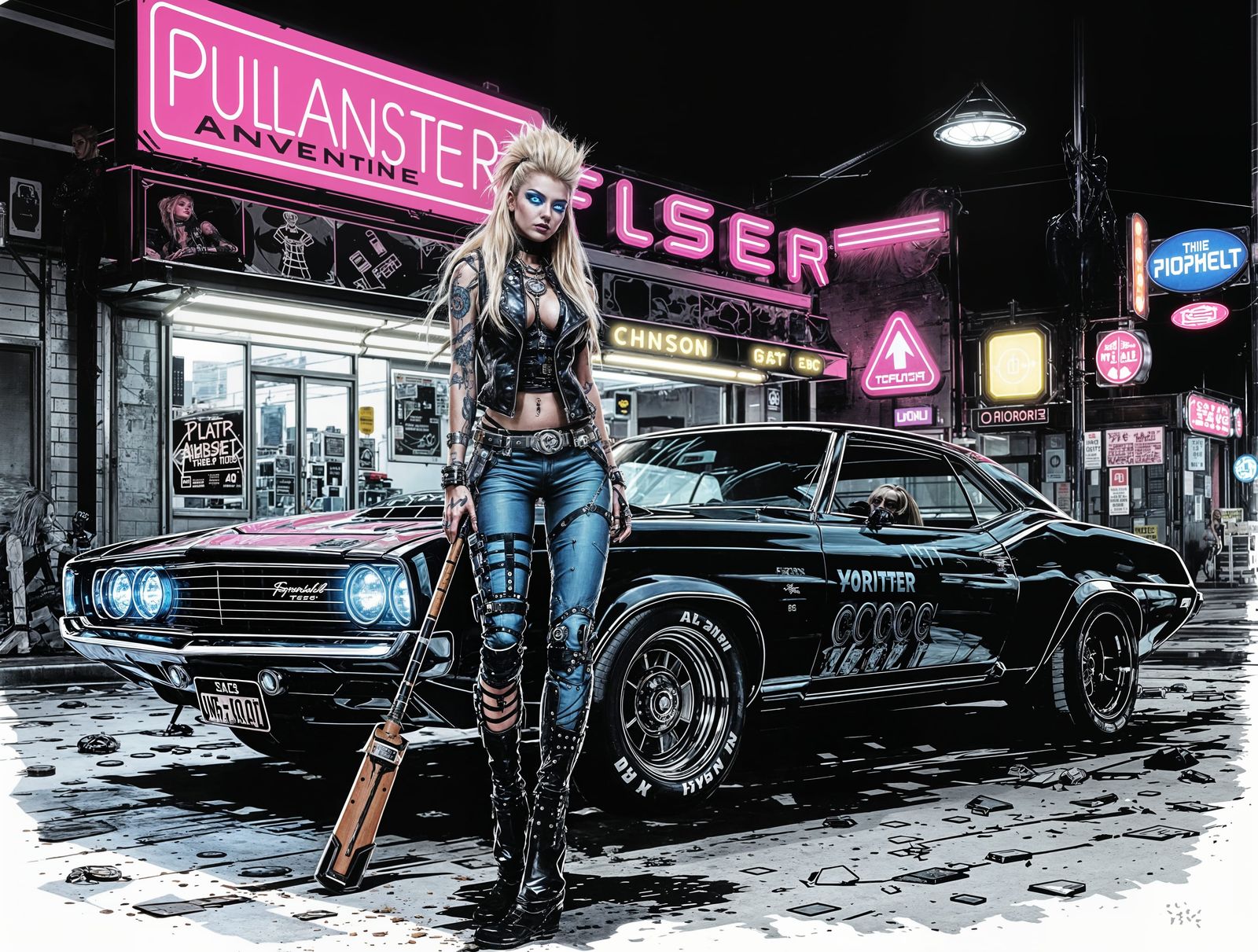 Cyberpunk Woman with Muscle Car and Baseball Bat