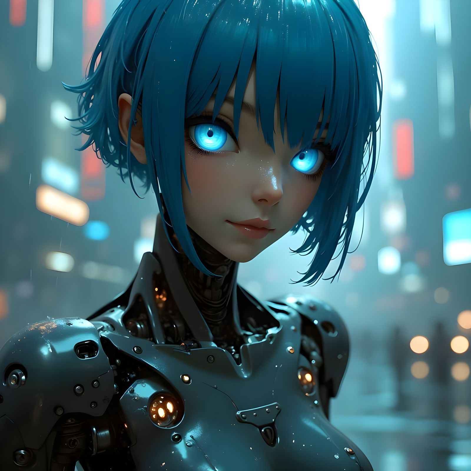 Cyberpunk Android Goddess in Rainy Cityscape