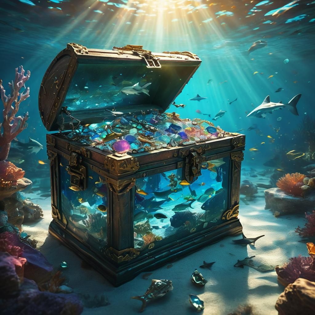 Underwater Treasure Chest with Sharks in Vibrant Digital Art