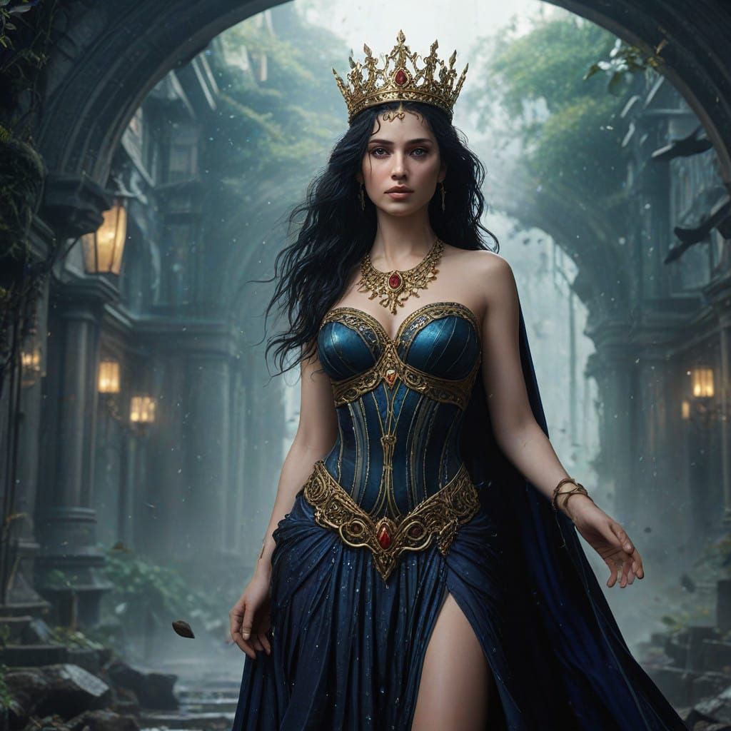 Majestic Goddess in Dystopian Ruin, Cyberpunk Fantasy Concep...