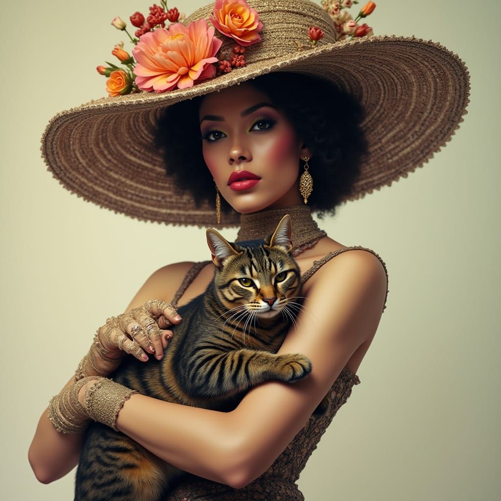 Stylish Woman with Cat in Hyperrealistic Digital Art