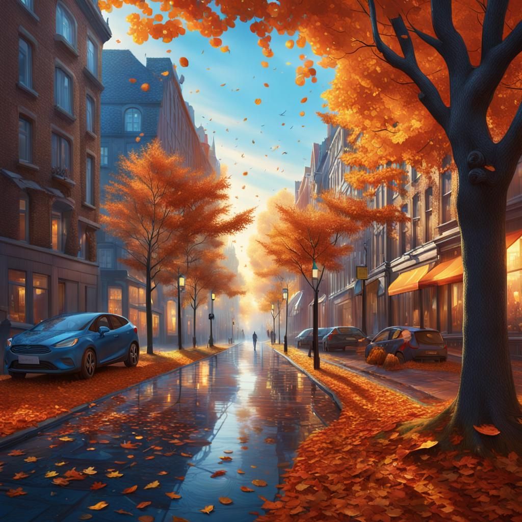 Autumn Cityscape Matte Painting with Falling Leaves