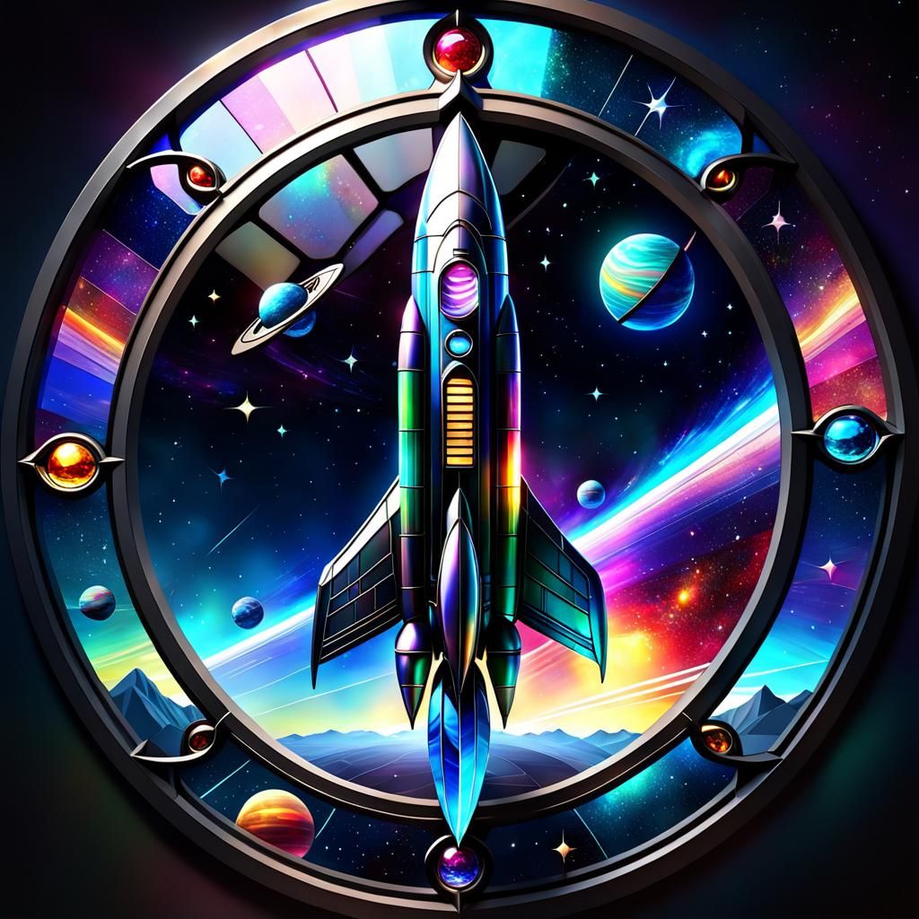 Stained Glass Spaceship in 3D with Cosmic Background