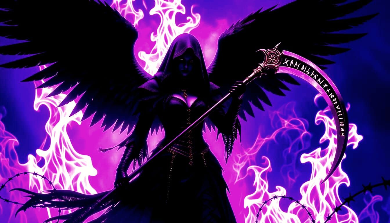 Gothic Angel of Death with Silver Scythe in Blue Fire