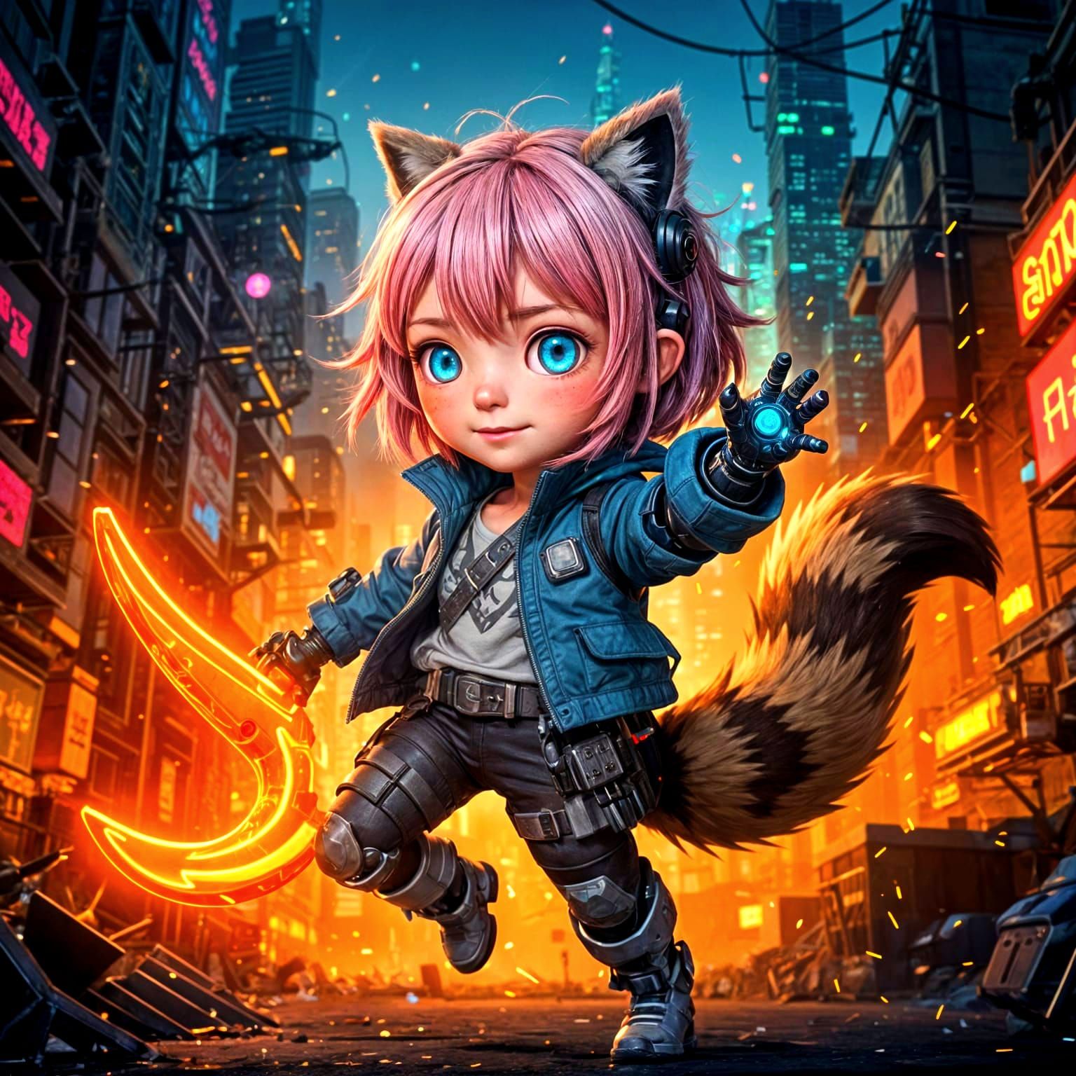 chibi anime little girl with racoon-ears and fluffy racoon-t...