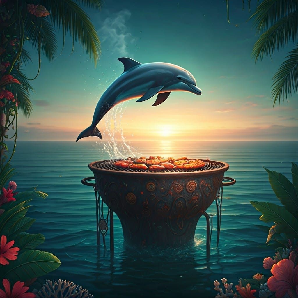 Dolphin Leaps from Mystical BBQ Island at Sunset