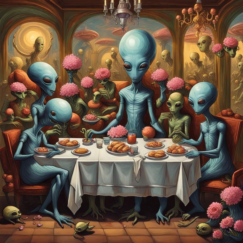 Surreal Alien Dinner Party in a Restaurant