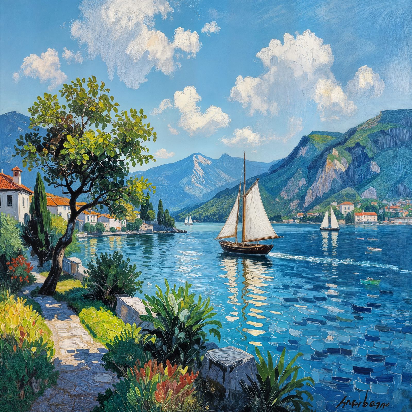 Abstract Seascape with Mountains and Ships in Impressionist ...