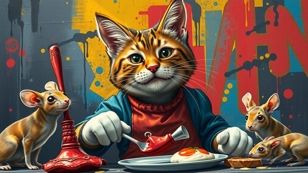 Cat Hosts Cooking Show: Hyperrealistic Street Art