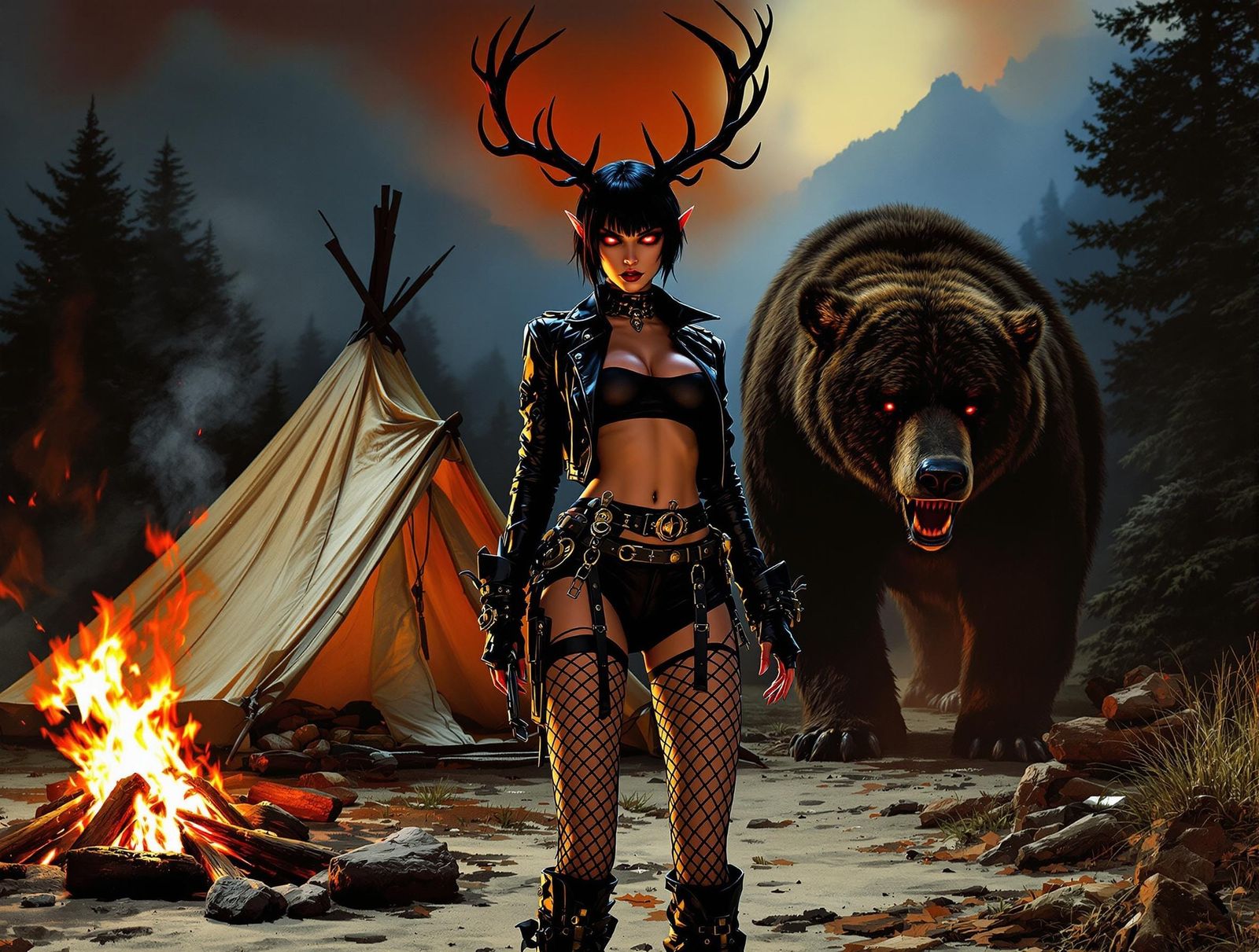 Antlered Woman in Syd Mead-Style Cinematic Scene