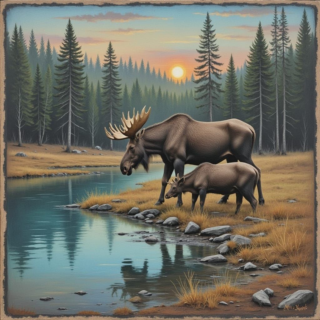 Moose Grazing: Grungy Chalk Oil Painting