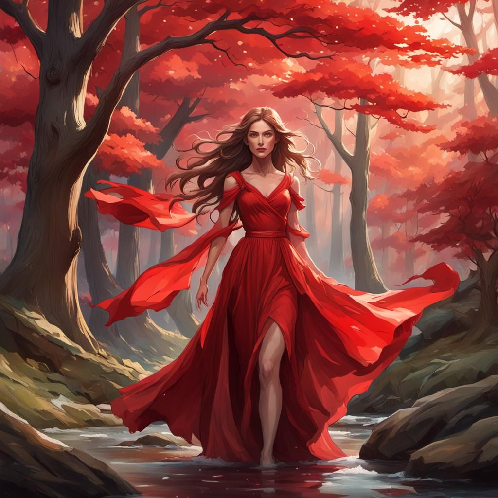 Woman in Red Dress, Hyperdetailed Art Nouveau Portrait