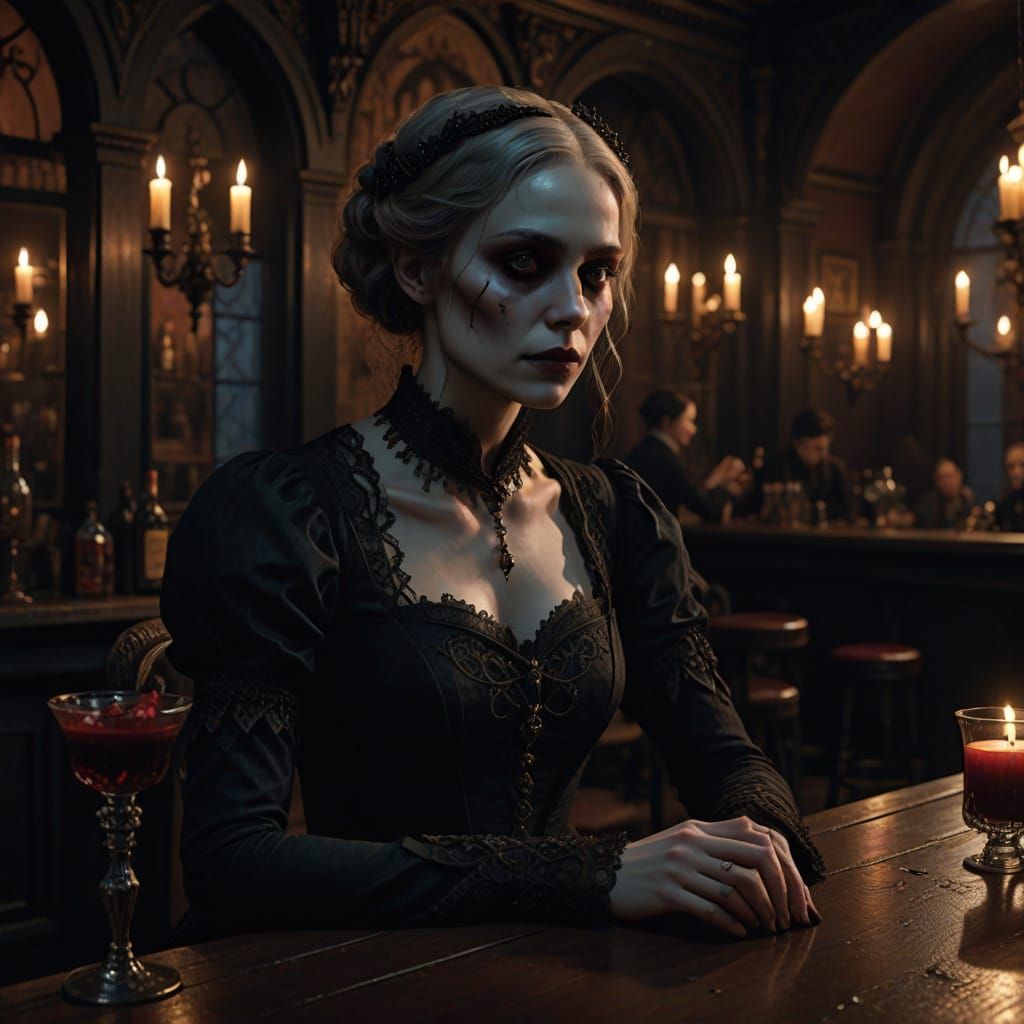 Pale, Undead Woman Sits at a Gothic Bar in a Cinematic, Phot...