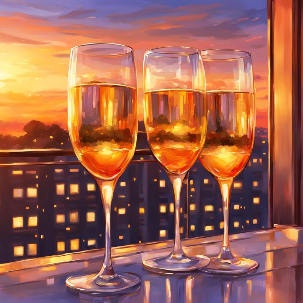 Champagne Sunset: A Romantic Oil Painting