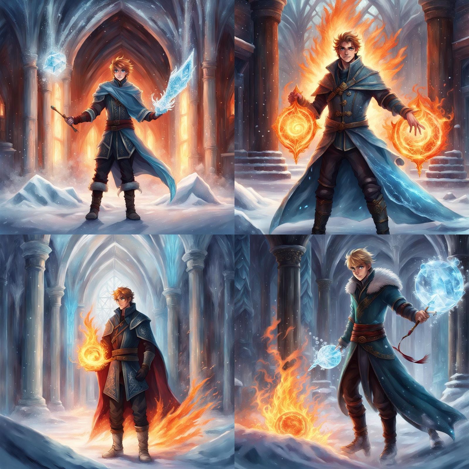 Young Mage Wielding Fire and Ice