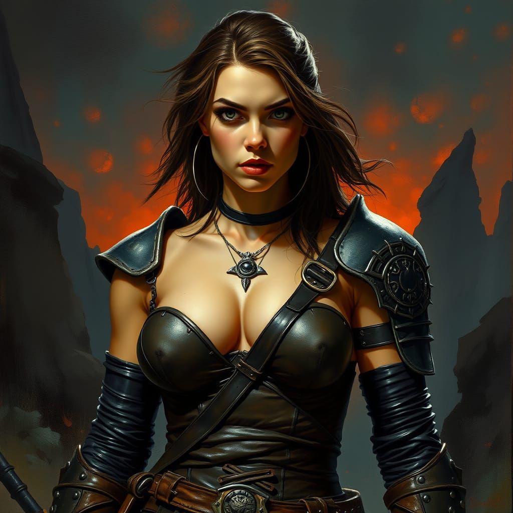 Bare-Chested Woman in Dark Fantasy Landscape