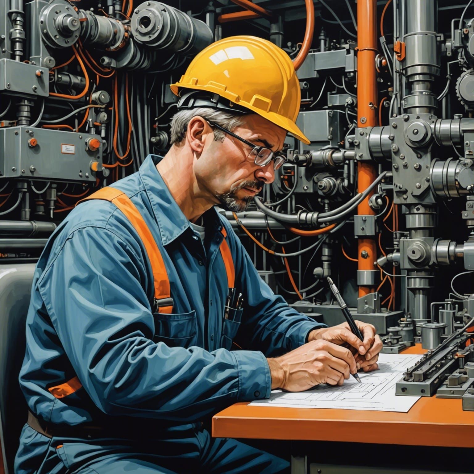 Tired Engineer at Work in Abstract Art Style