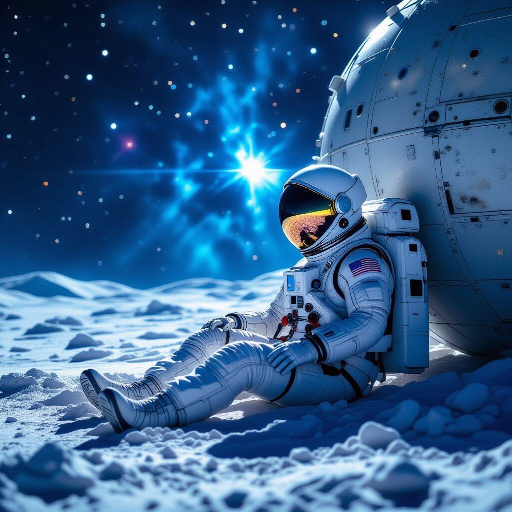 Astronaut Adrift Near Derelict Structure in Deep Space