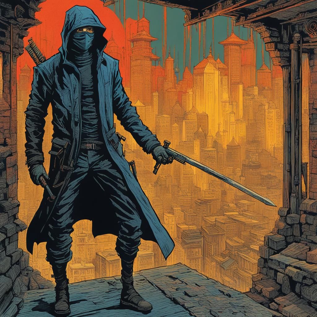 Cyberpunk Ninja Portrait in Film Noir Style