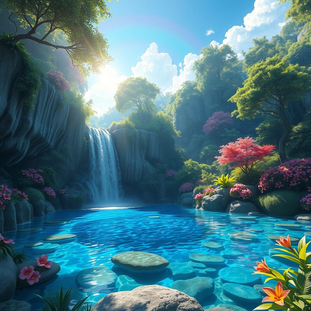 Lush Waterfall Scene in Detailed 3D Anime Art