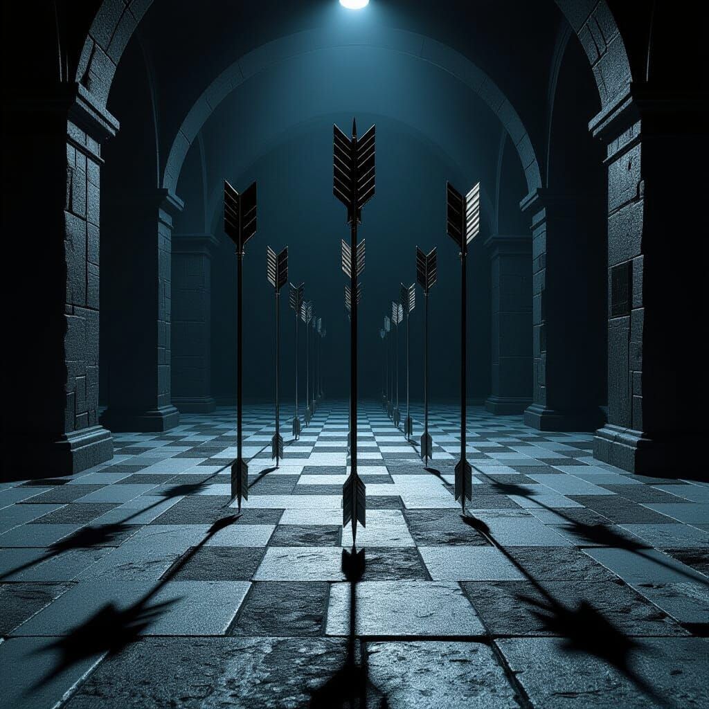 Metallic Arrows Labyrinth in Dark Photorealistic Style