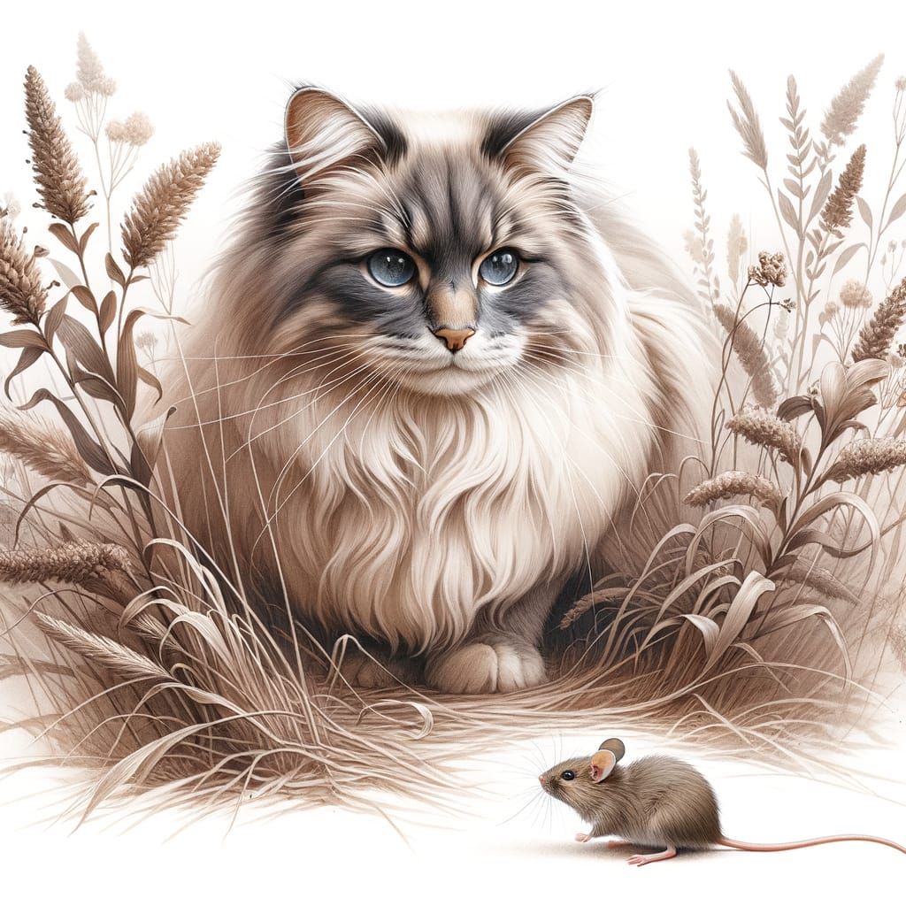 Ragdoll Cat and Mouse in Watercolor Illustration