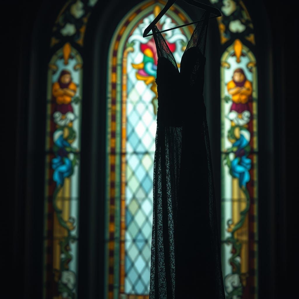 Ethereal Black Gown Illuminated by Stained Glass