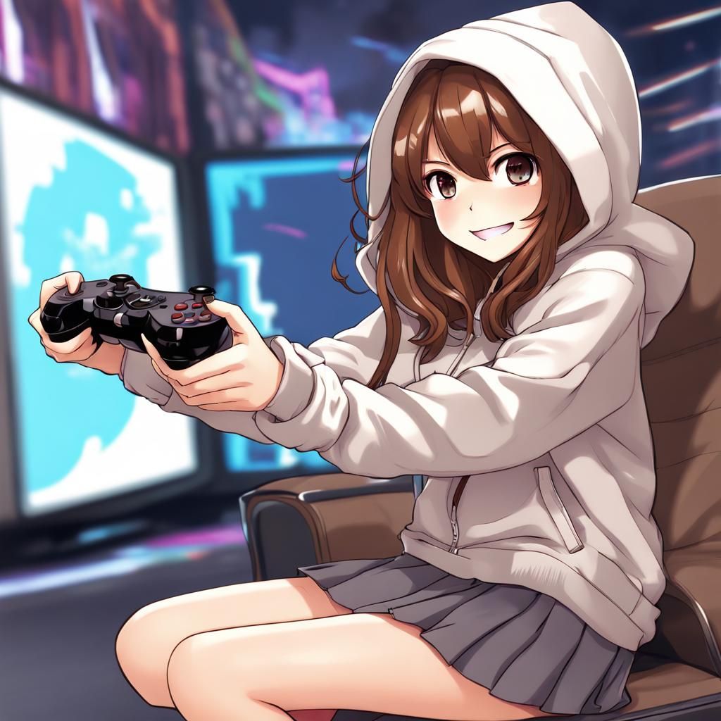 Anime Gamer Girl with Controller in Manga Style