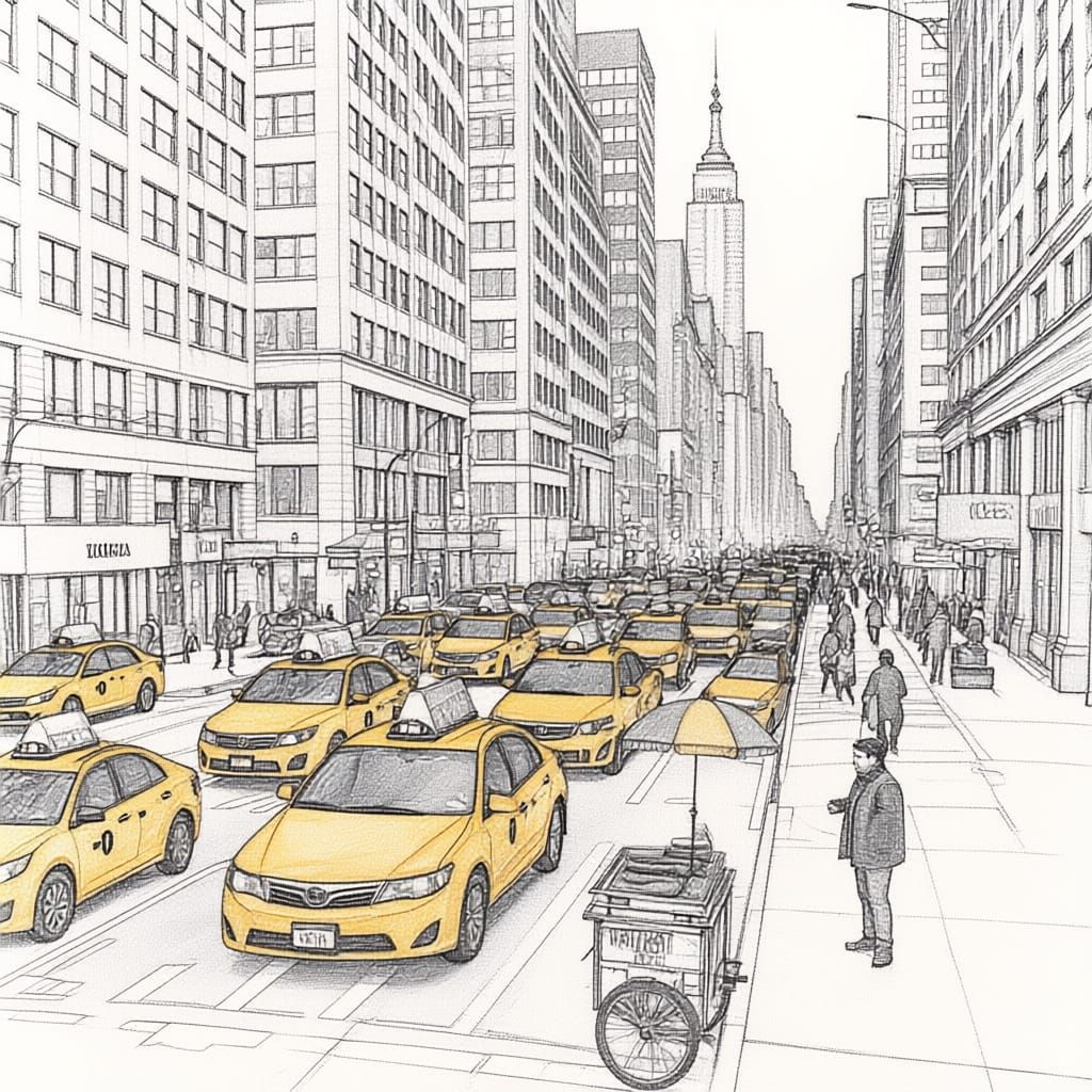 New York City Morning Traffic Jam With Taxis and Skyscrapers