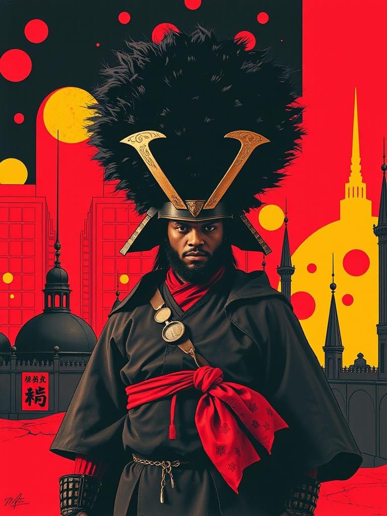 Samurai Confrontation in Bauhaus Cityscape as Painting