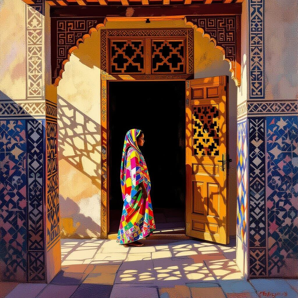 Nubian Girl in Decorated Home, Abstract Geometric Style