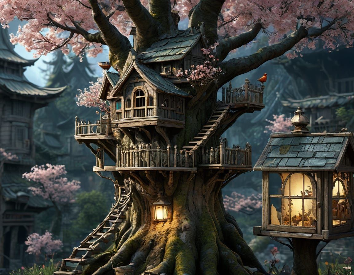 Intricate Birdhouse on Cherry Blossom Tree