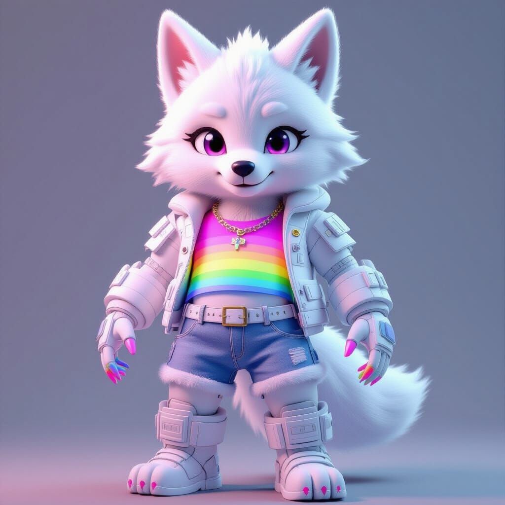 White Wolf Animatronic in Vibrant Anime Style