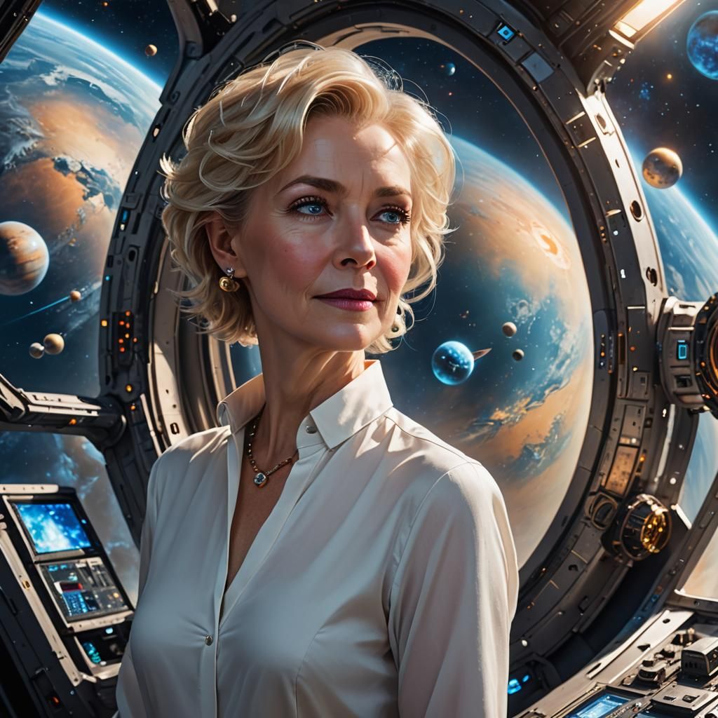 Elder Woman Gazing at Stellar System in Noir Style