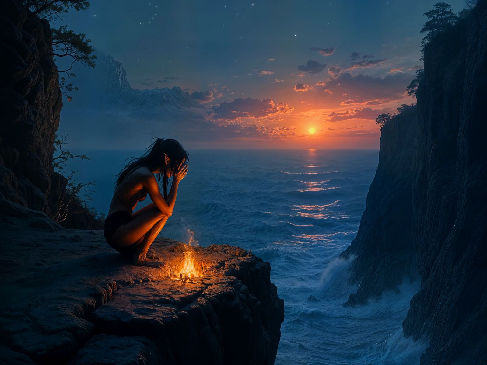 Elf's Despair at Sunrise: Emotional Torment on Cliff Edge