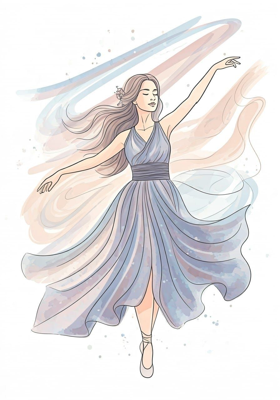 Elegant Woman Dancing with Celestial Ribbons in Japandi Mini...