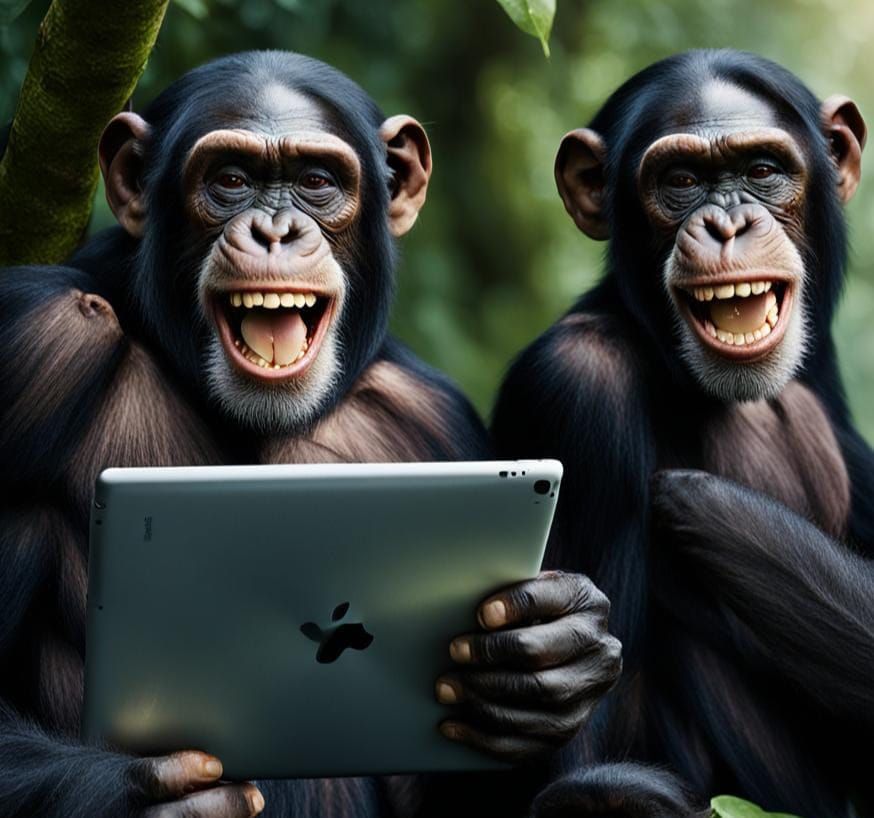 Chimpanzees Laughing Holding iPad in Jungle Portrait