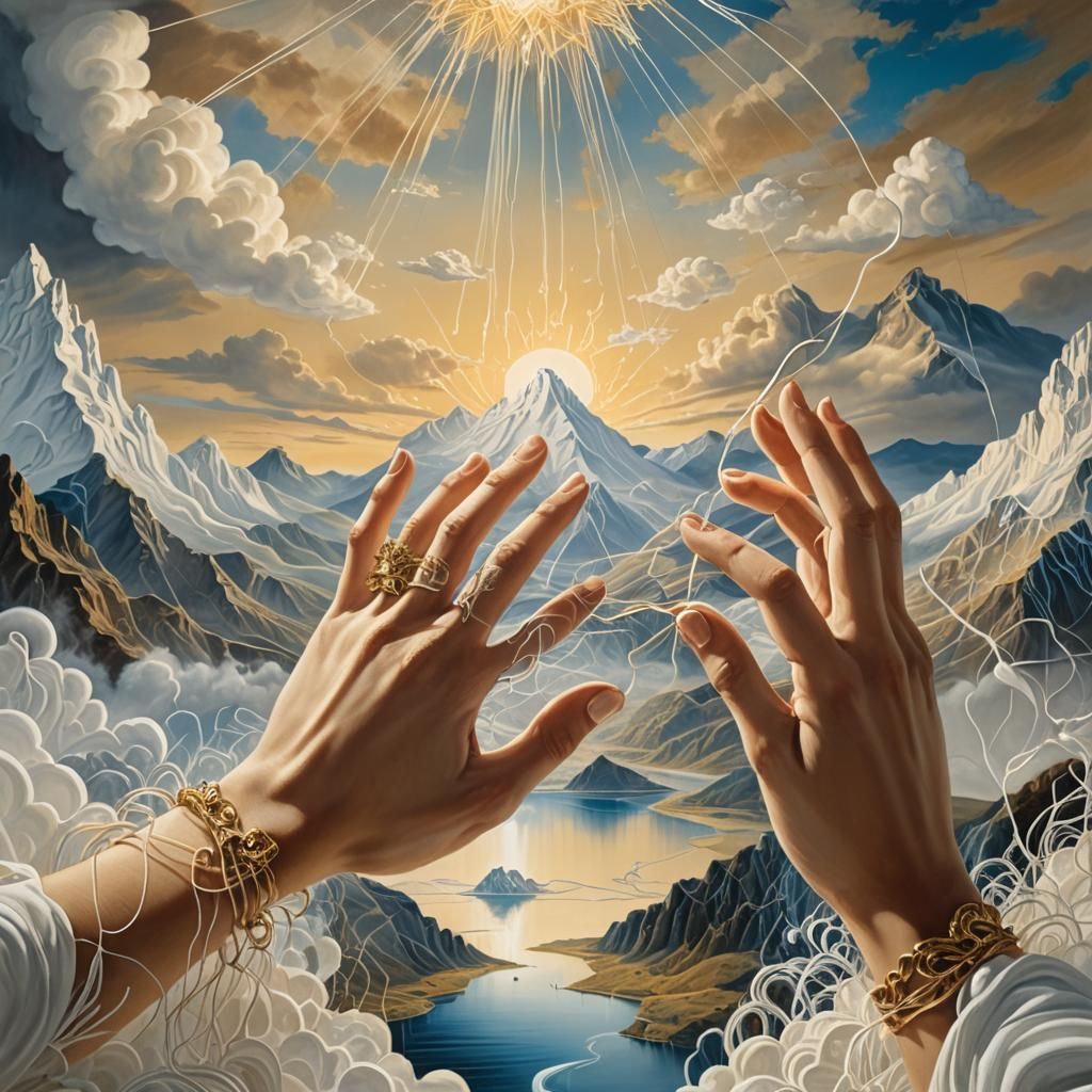 Surrealist Hands Weaving World with Golden Light