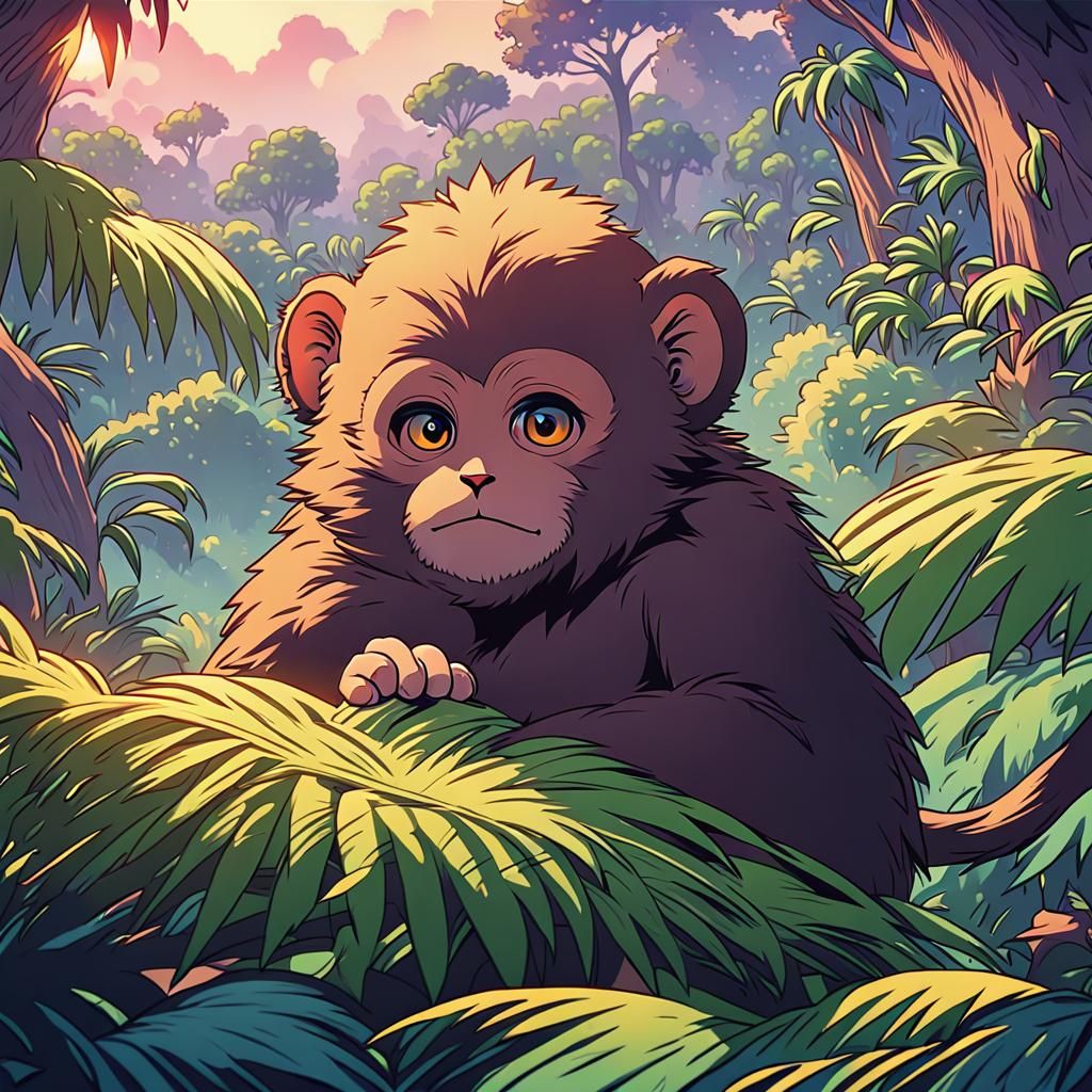 Anime Macaque Cub in Lush Jungle Scene