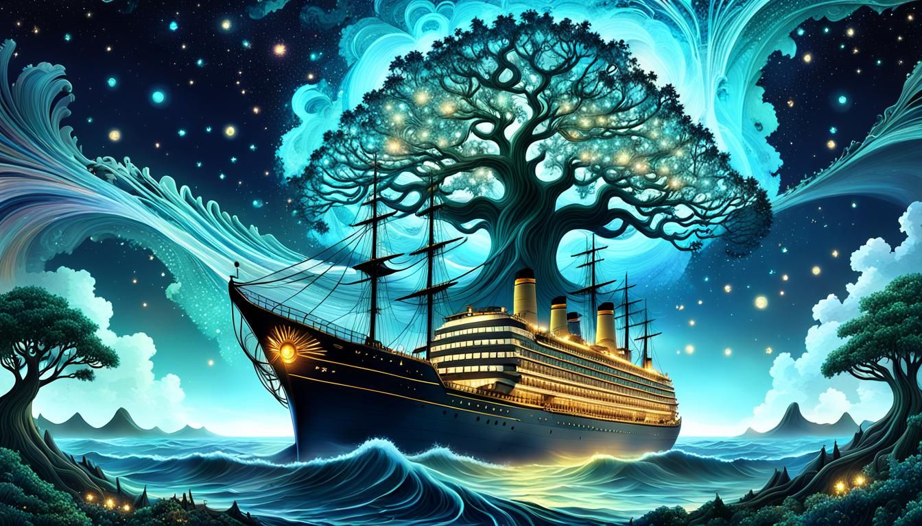 Ornate Ocean Fantasy: Towering Tree on Ship at Night