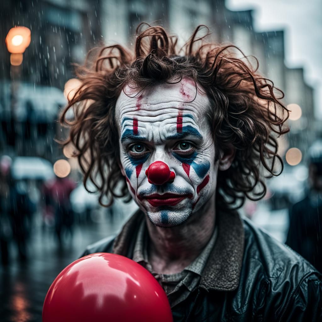 Sad Clown in Rainy City Portrait