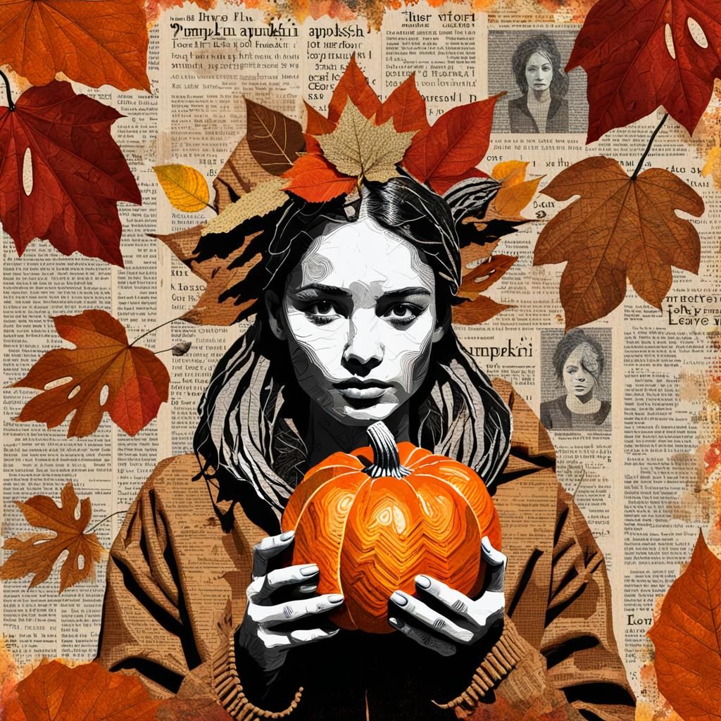 Autumn Girl Pumpkin Collage in Mixed Media Style