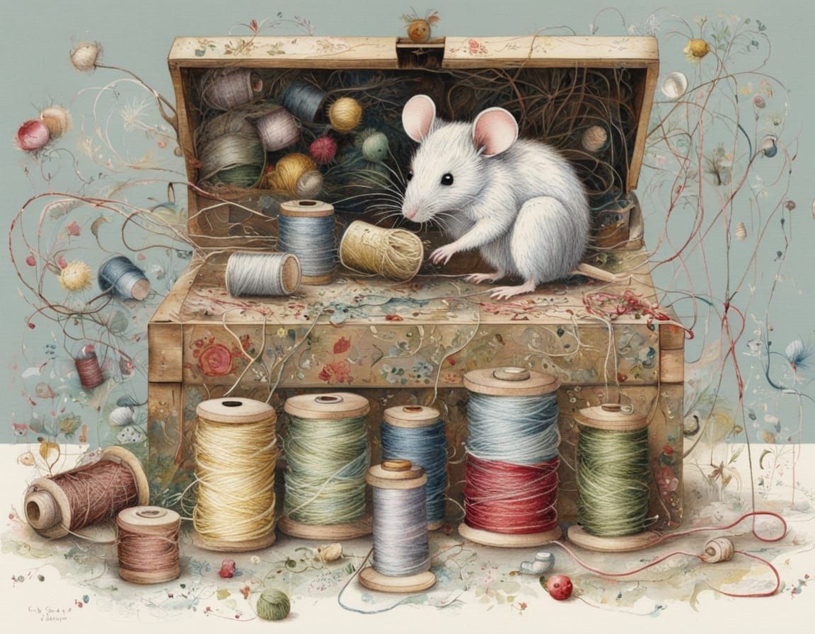 Cute Mouse Children Play in Sewing Box