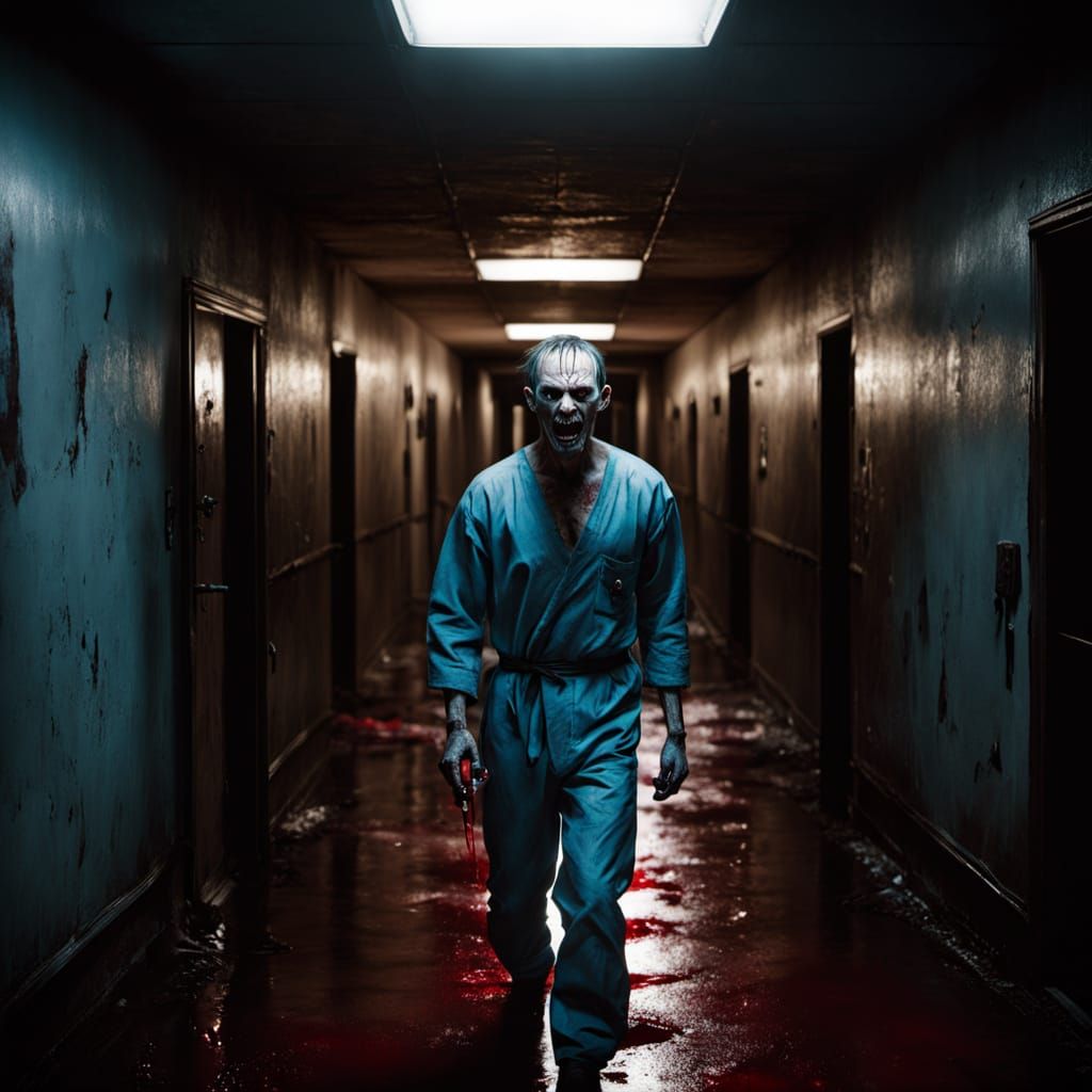 Horror Scene: Asylum Escape in Dark Art Style