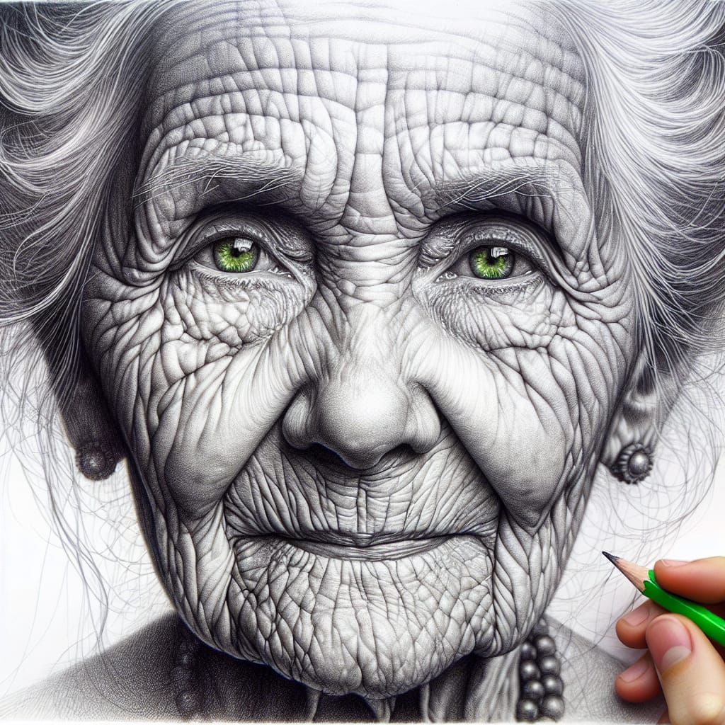 Intricate Pencil Sketch of a Beautiful Elderly Woman