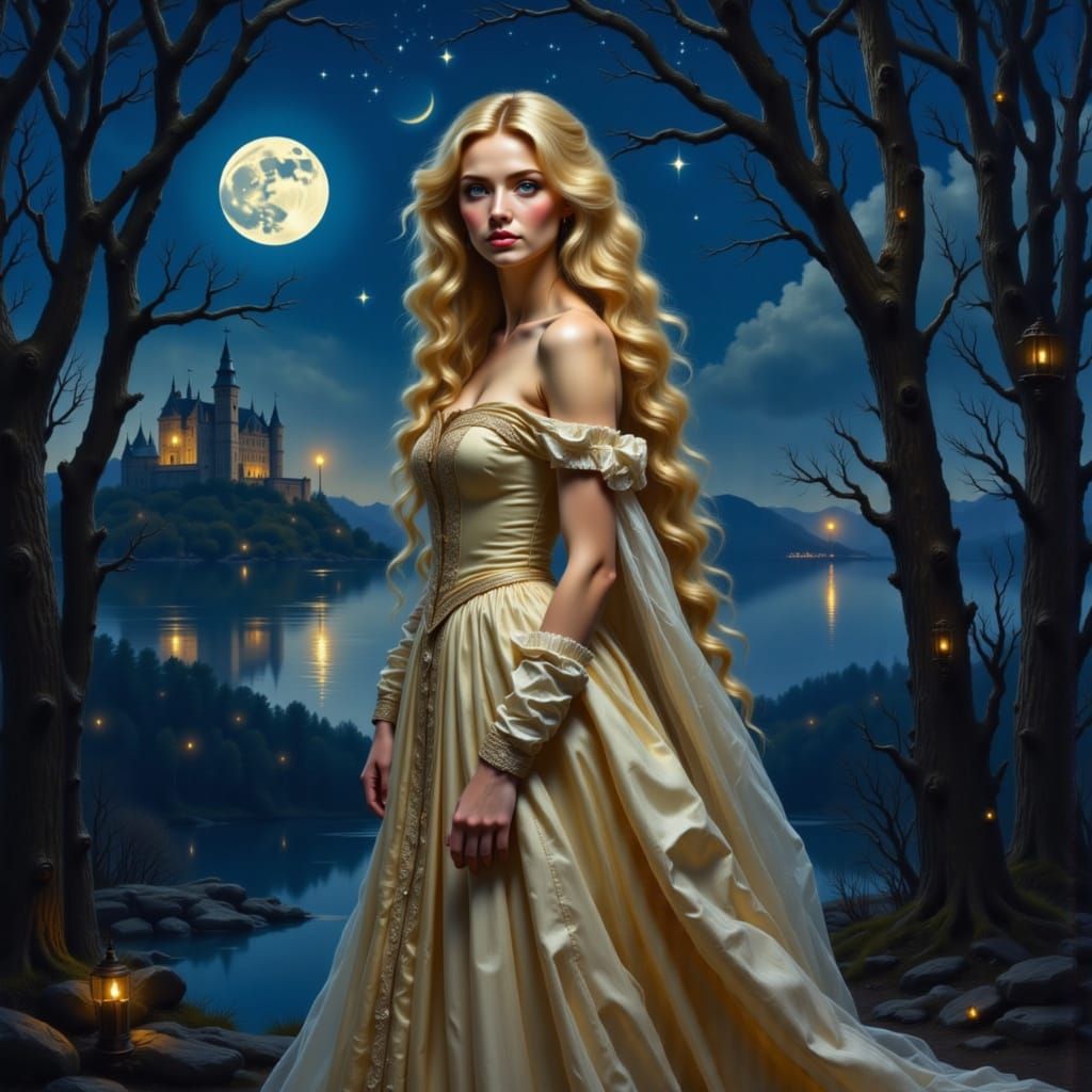 Milady de Winter by Moonlit River in Romantic Style