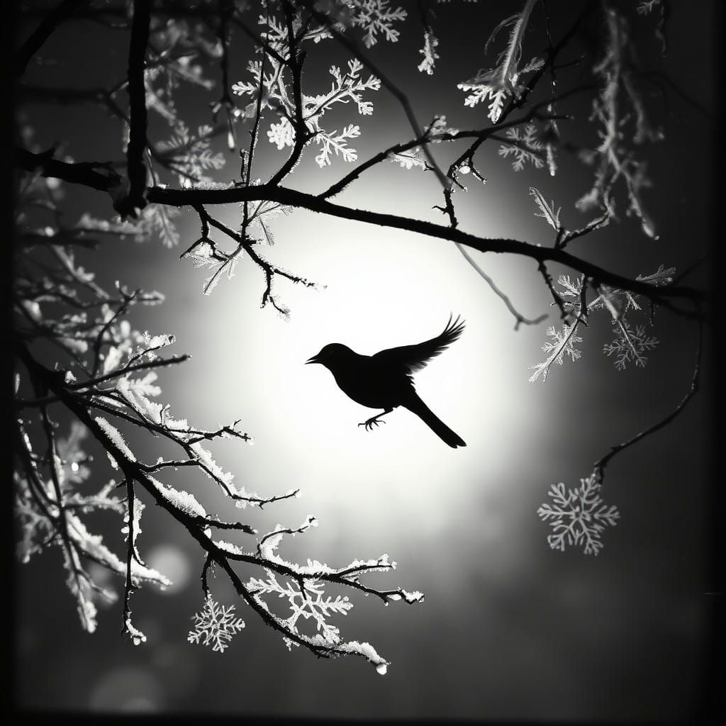 rayograph Man Ray  photogram  ( black bird  Silhouette )  leaves , ice frosted branches,  snowflakes